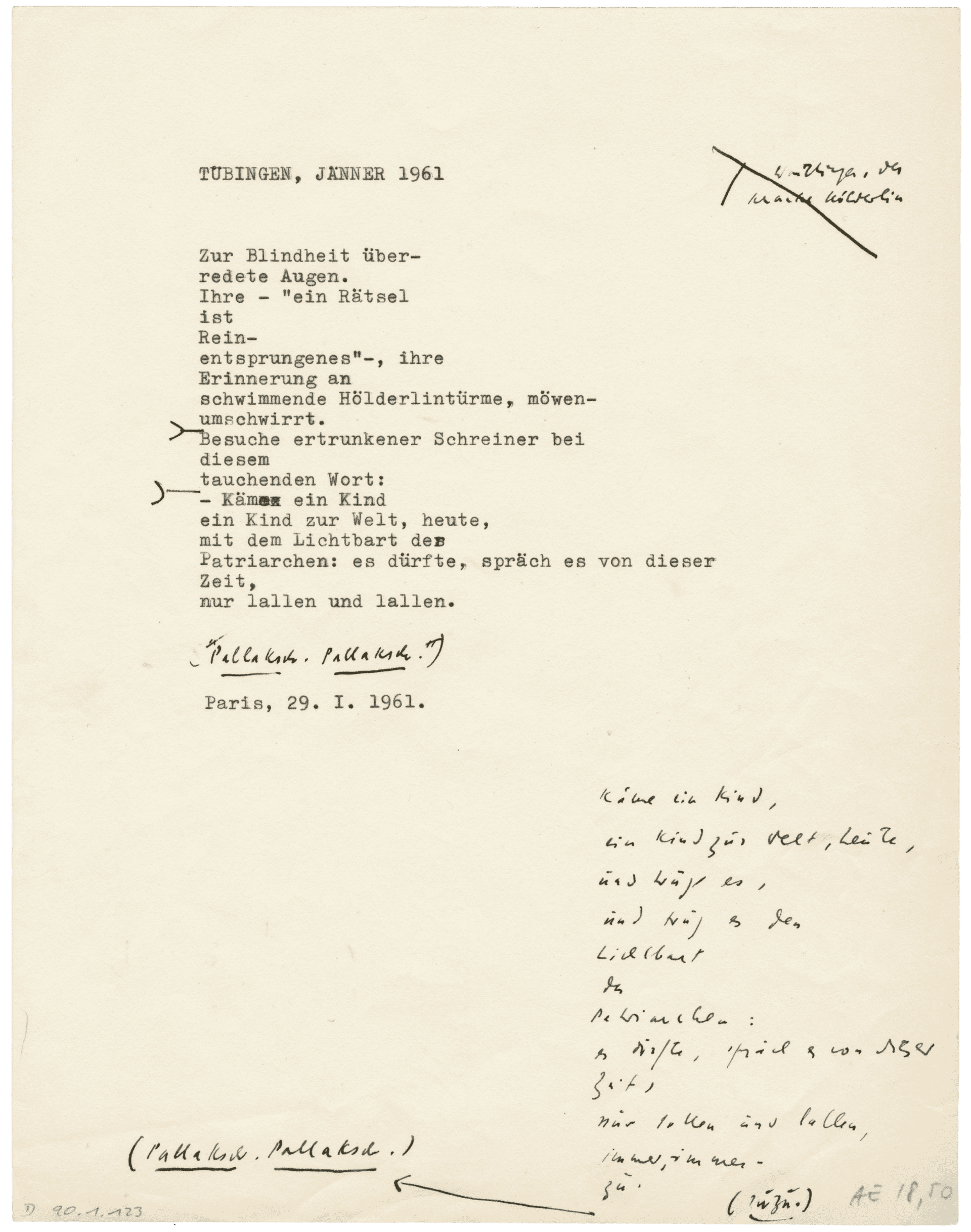 Ein DIN A4 Blatt, auf dem Paul Celan ›Tübingen, Jänner‹ mit einer Schreibmaschine verfasst und von Hand ergänzt hat