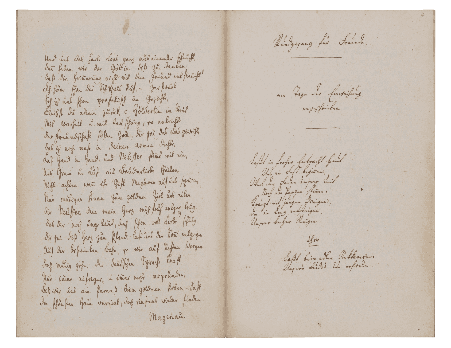 Aufgeschlagene Buchseiten. Auf der rechten Seite beginnt Neuffers ›Rundgesang für Freunde‹