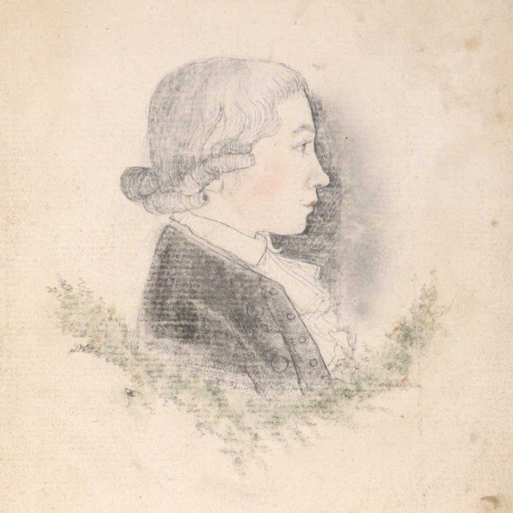 Eine getönte Bleistiftzeichnung zeigt Hölderlin von der Seite