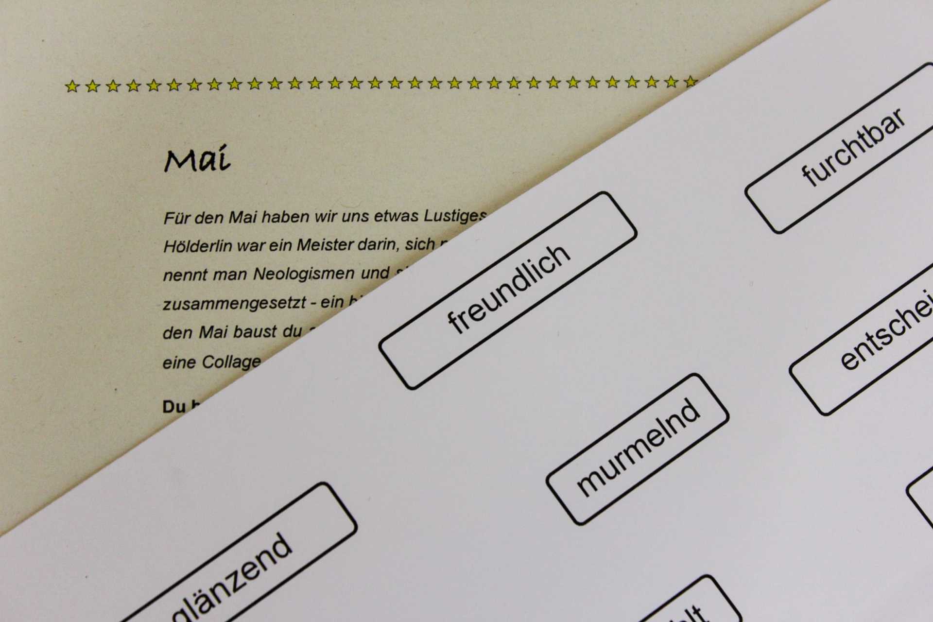 Gedruckte Anleitung für den Workshop und Wörter zum Ausschneiden