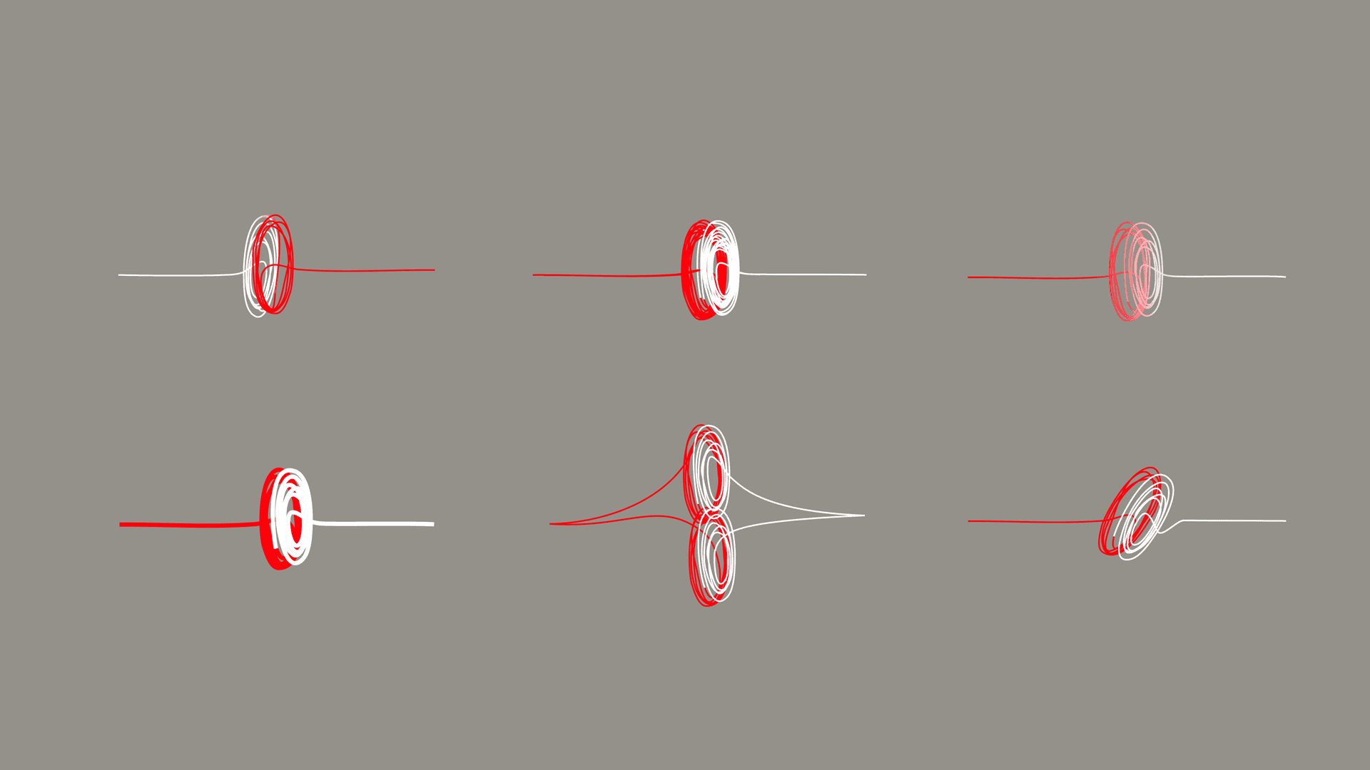 Auf das Bild verteilt finden sich 7 zu Knäueln aufgerollten Figuren aus weißen und roten Linien