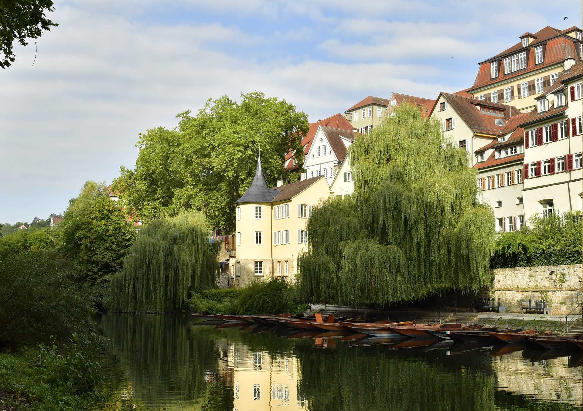 Der Hölderlinturm heute umgeben von zwei Trauerweiden und Stocherkähnen auf dem Neckar