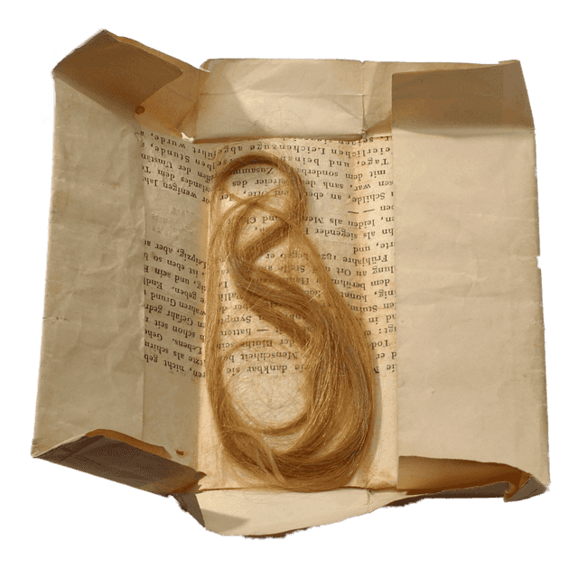 Eine blonde Haarsträhne auf einer Buchseite. Die Ecken der Seite sind nach innen gefaltet.