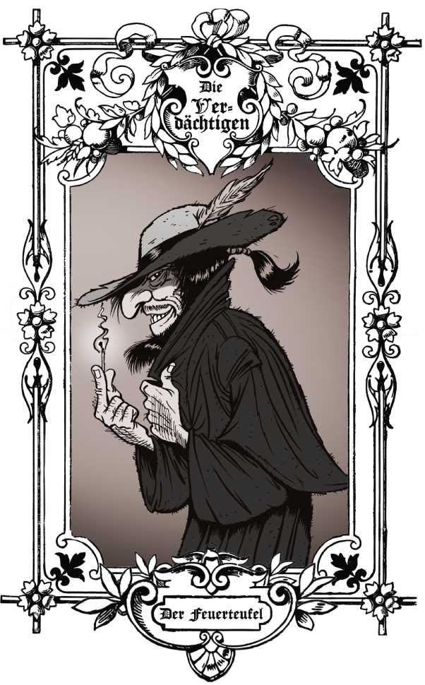 Schwarzweiß-Karikatur des Verdächtigen Feuerteufel