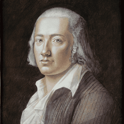 Ein Ölgemälde zeigt Friedrich Hölderlin mit langen, hellgrauen Haaren. Er trägt ein Hemd und ein Jackett