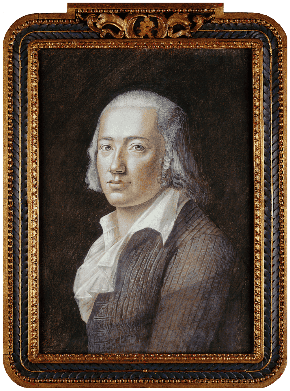 Ein Ölgemälde zeigt Friedrich Hölderlin mit langen, hellgrauen Haaren. Er trägt ein Hemd und ein Jackett