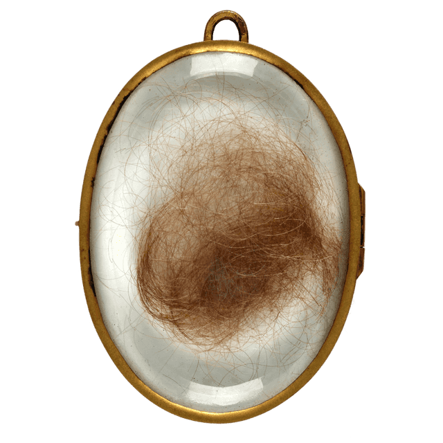 Ein Medaillon mit Goldrand. Darin liegen dünne dunkelblonde Haare.