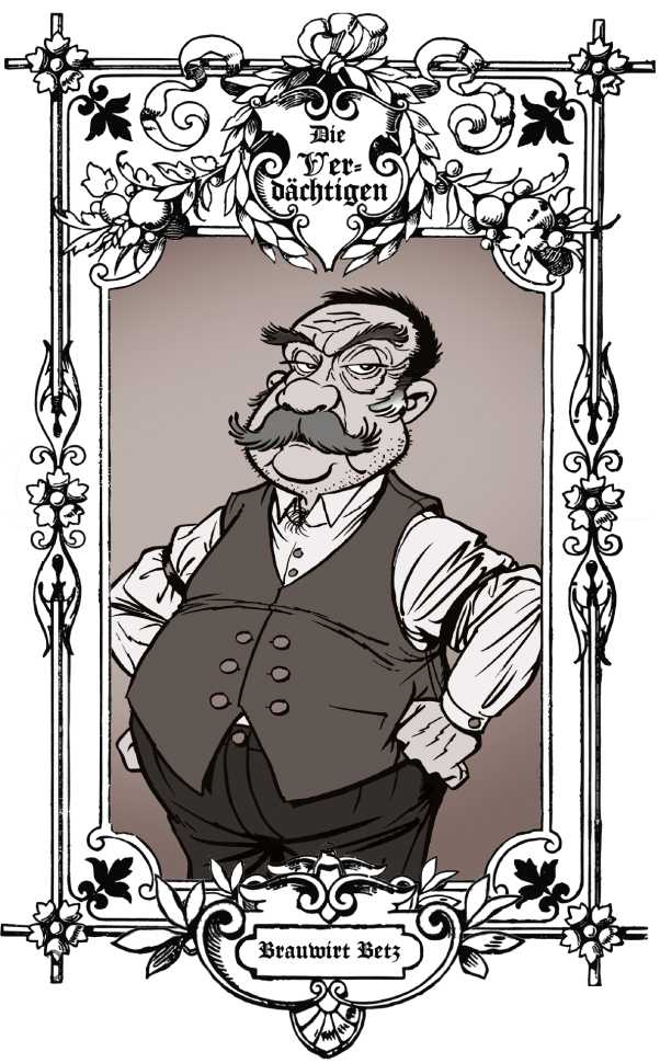 Schwarzweiß-Karikatur des Verdächtigen Brauwirt Betz