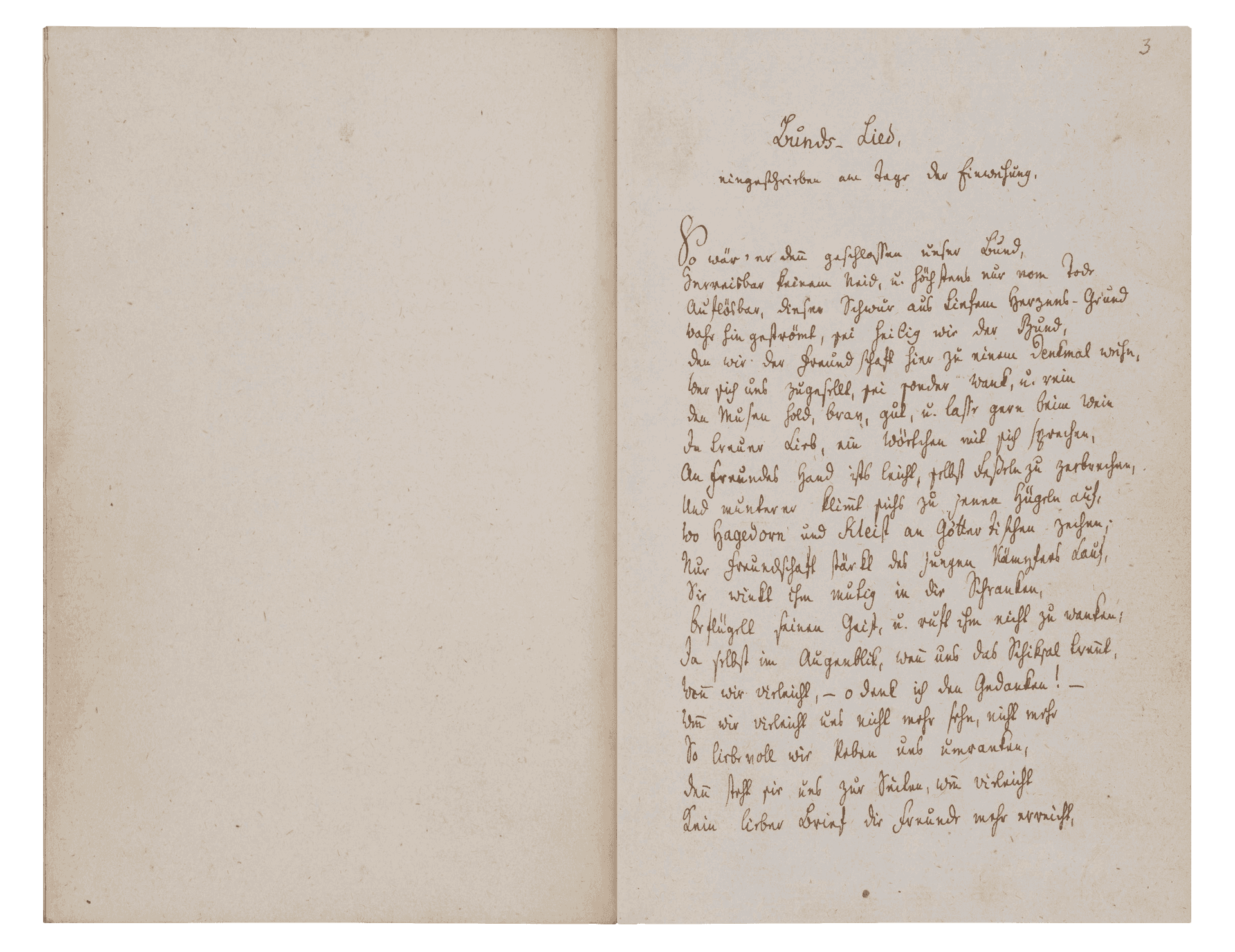 Aufgeschlagene Seite mit Magenaus ›Bundes-Lied‹ auf der rechten Seite