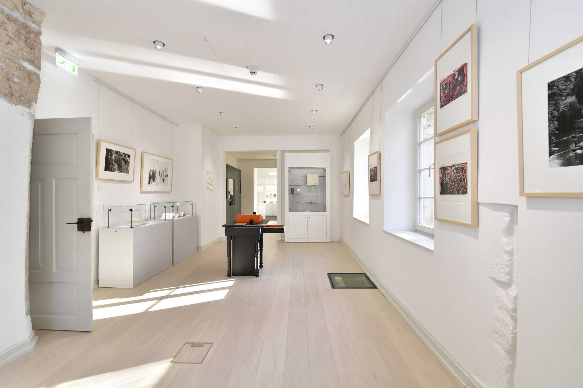 Bild des zweiten Raumes der Dauerausstellung: An den Wänden und in den Vitrinen verschiedene Kunstwerke, die sich auf Hölderlin beziehen