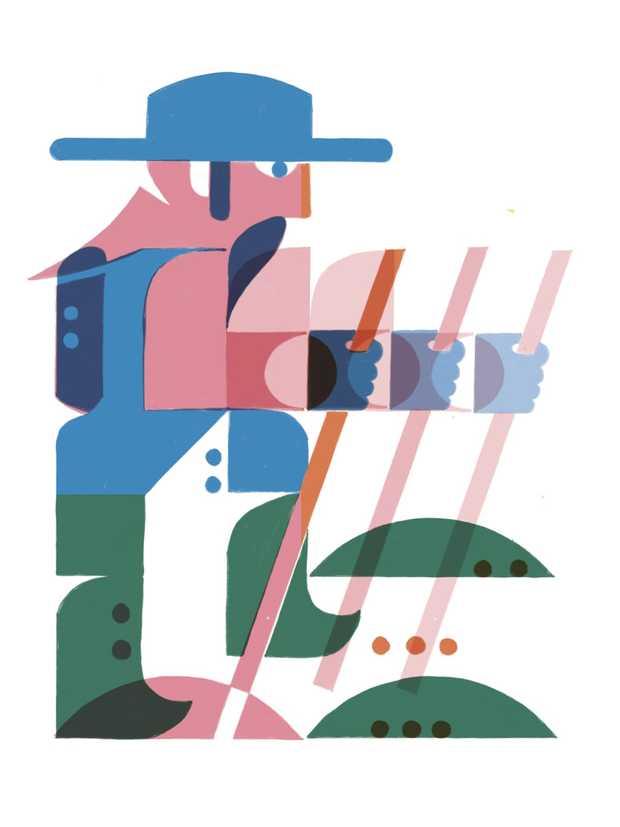 Eine Illustration zeigt einen Mann mit Wanderstab.