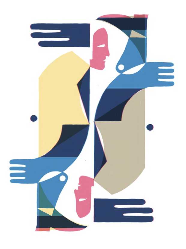 Auf der Illustration stehen sich zwei Hölderlin-Figuren gegenüber. Die rechte Figur steht auf dem Kopf.