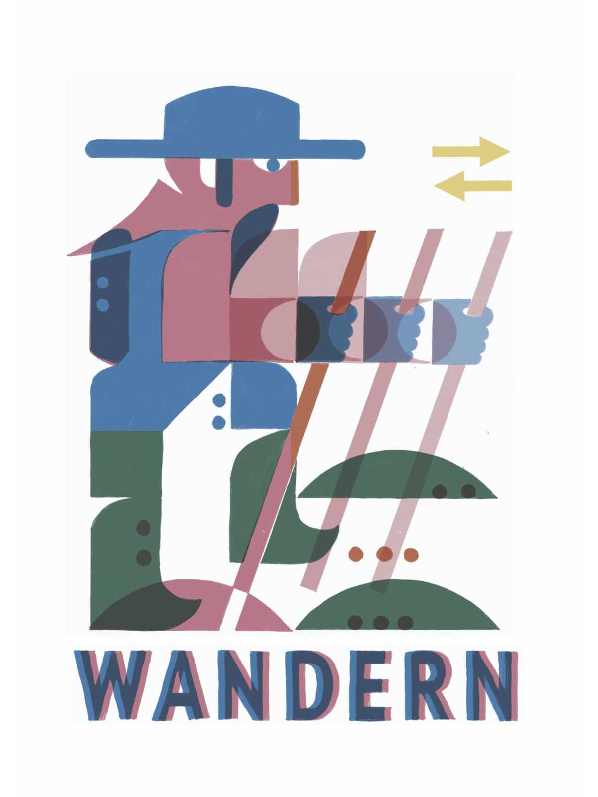 Eine Illustration von einem Mann mit Wanderstab zeigt die Gebärde für Wandern.