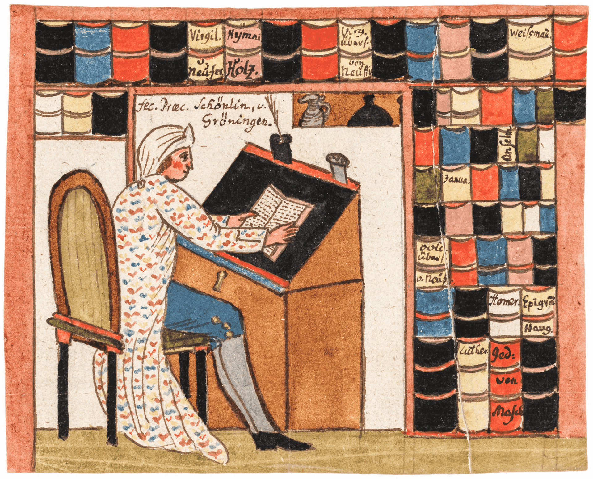 Eine bunte Zeichnung zeigt einen Dichter im Schlafrock am Schreibpult vor einer Bücherwand